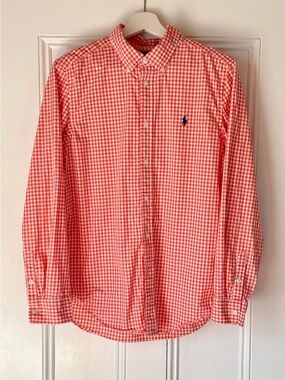Ralph Lauren Boys Button Down Shirt Orange Gingham Check Sz XL 18-20 Pony Logo